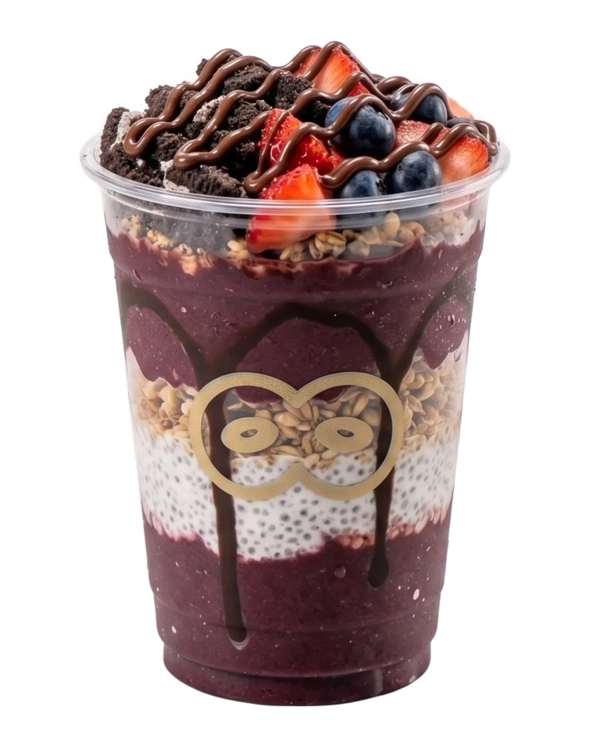 Geschichteter Açaí-Cup HIJACK mit Oreo, Schoko-Drizzle, Erdbeeren und Blaubeeren im RobBerry-Logo-Becher